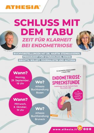 Veranstaltungsflyer mit Dr. Martin Steinkasserer, Primararzt für Gynäkologie, sowie Brigitta Willeit, Journalistin und Autorin für das Buch 