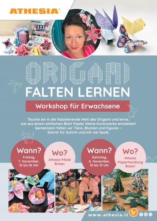 Vor einem hellblauen Hintergrund steht unten in weißer Schrift „Origami Falten lernen für Erwachsene“. Darüber sind einige gefaltete Origami-Figuren zu sehen, begleitet von einem Foto der Frau, die den Workshop leitet.