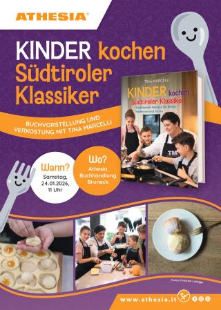 Auf violettem Hintergrund steht oben in weiß-oranger Schrift Kinder kochen Südtiroler Klassiker, darunter Buchvorstellung und Verkostung mit Tina Marcelli in weiß. Daneben wird ihr Buch präsentiert 