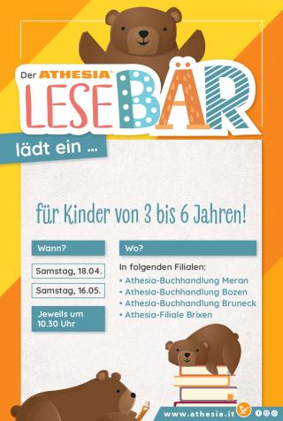 Orangefarbenes Plakat: Der Athesia Lesebär lädt zu einem Vorlesevormittag für Kinder von 3 bis 6 Jahren ein. 