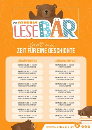 Orangefarbenes Plakat: Der Athesia Lesebär lädtein... ZEIT FÜR EINE GESCHICHTE für Kinder von 3 bis 6 Jahren ein. 
